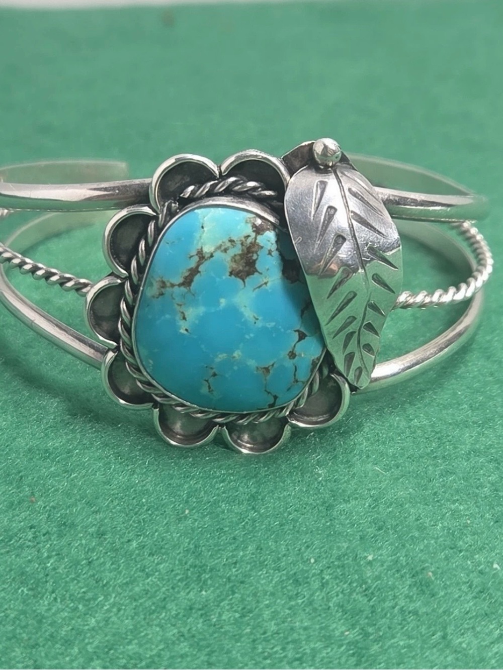 Sterling Silver Turquoise Leaf Cuff Bracelet - not marked- acid test